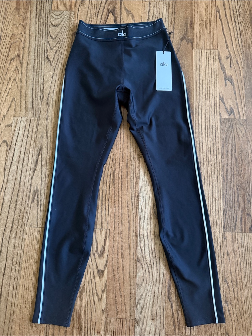 ALO Yoga Black Leggings with White Side Stripes
